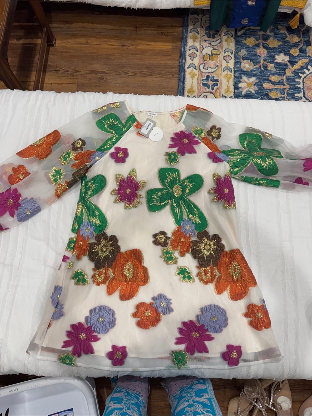 En Creme Cream Dress with Multicolor Floral Embroidery